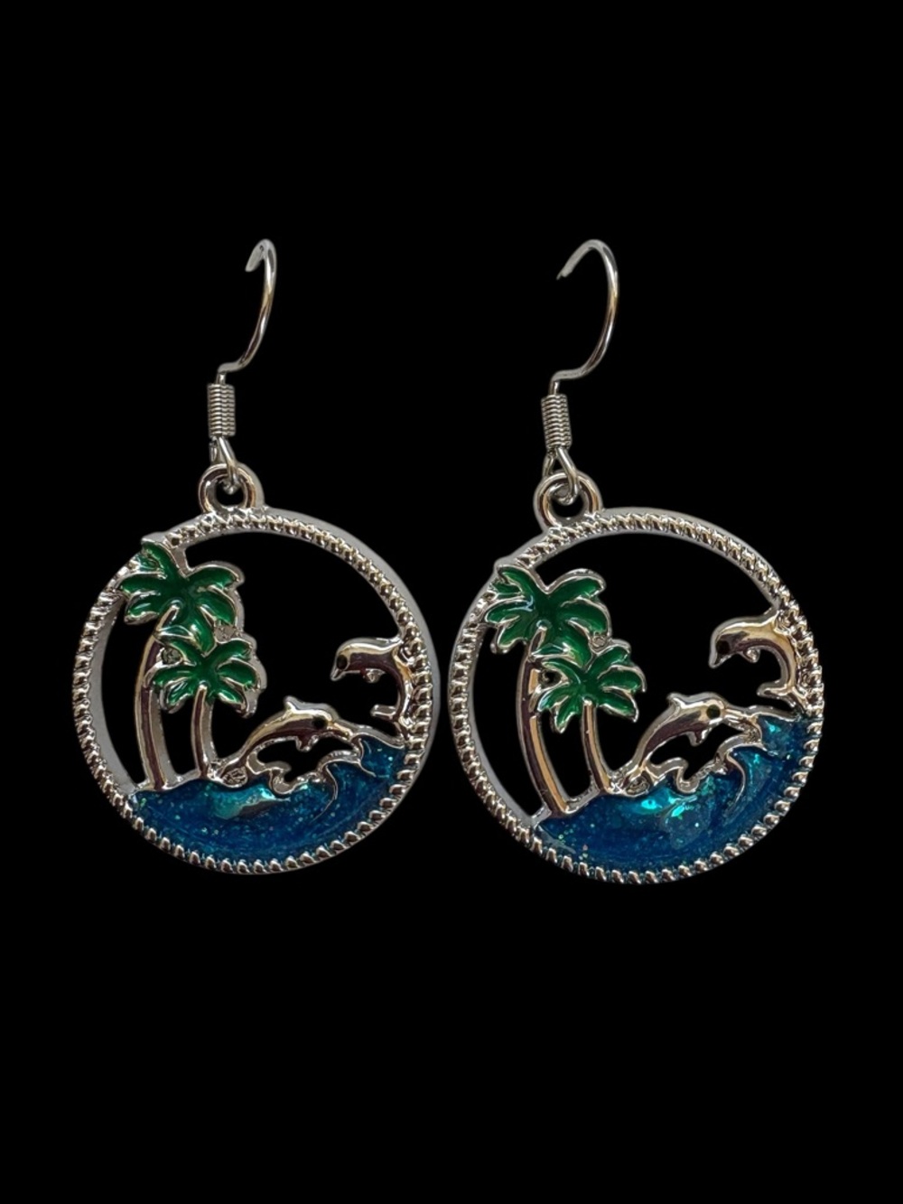 Silver Tone Palm Tree Dolphin Beach Earrings New